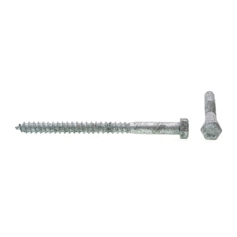 Beefy Hex Lag Screws For Decks And Load Bearing Wood Projects Three Eighths Inch By Five Inch A307 Grade Hot Dip Galvanized Steel 50 Pack PrimeLine 9056505, showing front and side views.