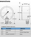 Dimensions of Zero To Five Psi Capsule Low Pressure Gauge With 2.5 Inch Dial And 1/4 In NPT Lower Mount Chrome Plated Case