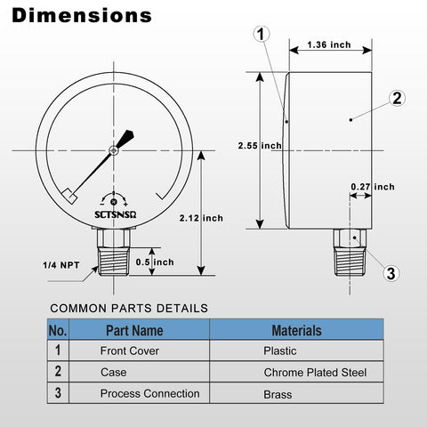 Dimensions of Low Pressure Gas Line Gauge With Capsule System, 0 To 15 Inches Of Water Column, 2.5 Inch Dial, One Quarter Inch NPT Lower Mount
