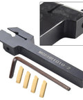 Lathe Tool Holder System For 10mm MGEHR1010 Turning Tools With Four MGMN200 Grooving Inserts For Rock Solid Durability Precise Metalworking And Smooth Efficient Cutting, black steel holder