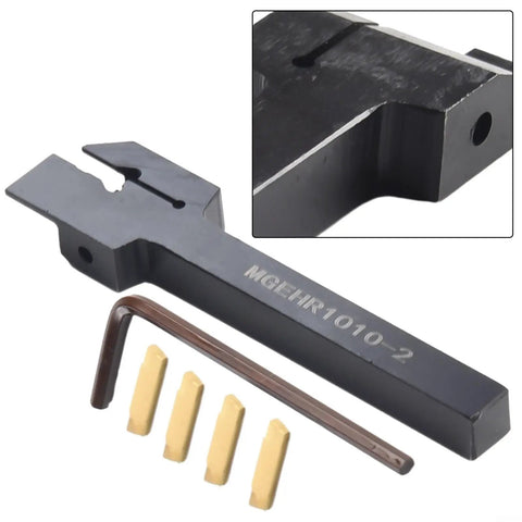 Lathe Tool Holder System For 10mm MGEHR1010 Turning Tools With Four MGMN200 Grooving Inserts For Rock Solid Durability Precise Metalworking And Smooth Efficient Cutting, black steel holder