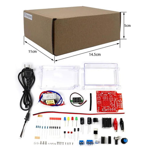 Adjustable LM317 Power Supply Kit From 110V To DC With 1.25V To 12V Output Built In Voltmeter Soldering Project components displayed