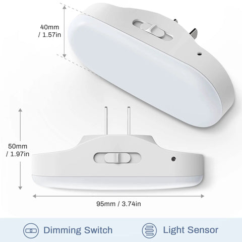 Led Night Light Easy Plug In Wall 2 Pack With Dusk To Dawn Sensor Dimmable 0 To 100 Lumens 5000K Soft White For Bathroom Hallway Bedroom Kids Room Stairway Night Time Safety