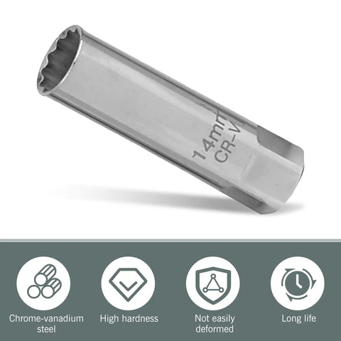 Close-up of heavy duty spark plug socket with 12 point spline drive, leaf spring clamp, 3/8 inch drive for motorcycles and cars