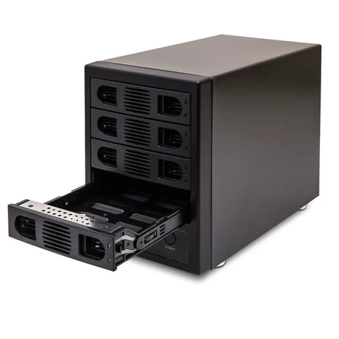 Built Tough 4 Bay 3.5 Inch Sata Iii Hdd Enclosure With Usb 3.0 And Esata Ports, black external drive box with one bay extended.