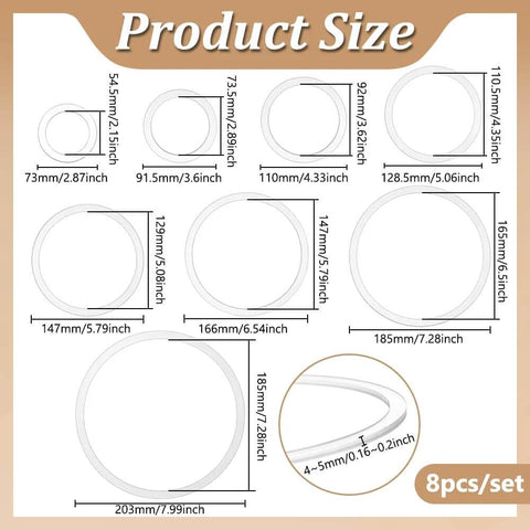 Eight Piece Circle Router Template Set For Woodworking, Clear Acrylic Inlay Guides, size 2.8 to 8 inches dimensions chart.