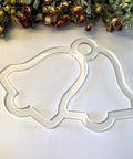 Sick Christmas Tray Router Template For Holiday Serving Boards Laser Cut Acrylic Inlay Guide Featuring Classic Bell Designs on a flat surface.