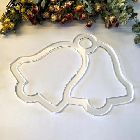 Sick Christmas Tray Router Template For Holiday Serving Boards Laser Cut Acrylic Inlay Guide Featuring Classic Bell Designs on a flat surface.