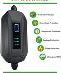 J1772 Level 2 Portable EVSE Charger 220V 16A with protective features and warranty icons displayed