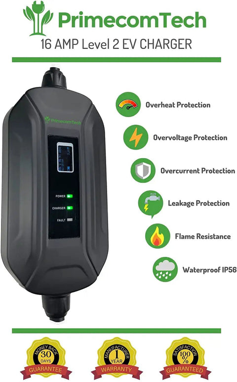 J1772 Level 2 Portable EVSE Charger 220V 16A with protective features and warranty icons displayed