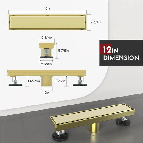 12 Inch Linear Shower Drain Kit With Rectangular Floor Drain, Reversible 2 In 1 Cover, Tile Insert, in Brushed Gold dimensions