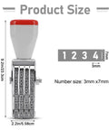 Deadset Durable Adjustable Four Digit Number Stamp With Rust Proof Alloy Build showing product size and rubber print wheels.