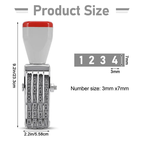 Deadset Durable Adjustable Four Digit Number Stamp With Rust Proof Alloy Build showing product size and rubber print wheels.