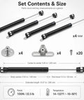 Set Of 4 Straight Up Heavy Duty Gas Struts With Smooth As Butter Operation 22.5 Pound Lift Force And 10 Inch Length Gas Springs measurement details and included parts.