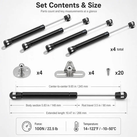 Set Of 4 Straight Up Heavy Duty Gas Struts With Smooth As Butter Operation 22.5 Pound Lift Force And 10 Inch Length Gas Springs measurement details and included parts.