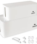 Two white Big Cord Clutter Killer Cable Management Boxes ABS Safe Organizer XL with accessories, shown stacked
