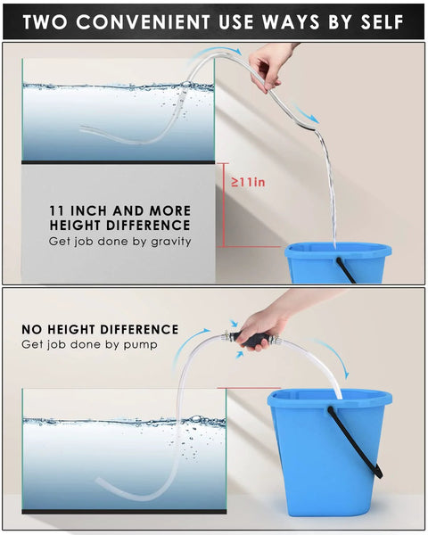 KATUMO gasoline siphon hose with two PVC hoses; gravity transfer into blue bucket and hand-pump setup shown.