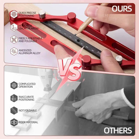 Image comparing Heavy Duty Center Finder Gauge With Interchangeable Stainless Rods to other doweling jigs; shows accurate positioning features.