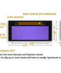 Auto Darkening Welding Lens For Helmet With HD True Color Optics 2x4.25 Inch, dimensions and features labeled, side view included
