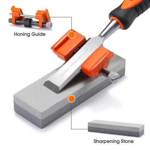 Four Piece Wood Chisel Set For Woodworking With Heat Treated CRV Steel Blades shown with honing guide and sharpening stone.
