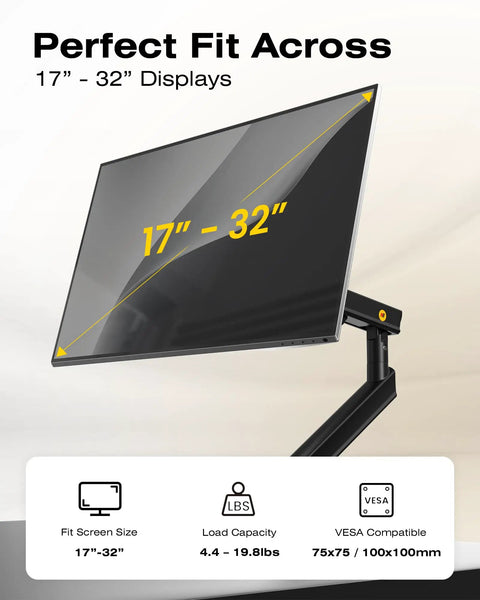 Single Monitor Mount For Up To 32 Inch Screens With Mechanical Spring Arm VESA 75x75 Or 100x100 Space Saving Computer Monitor Stand Model A5 Black 2026 Upgrade No Gas Sag Secure And Solid shown with screen dimensions.