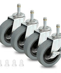 Set of four 4-inch stem caster wheels with 7/16-inch stems, rubber gray wheels, side brakes, chrome housings, 4-pack