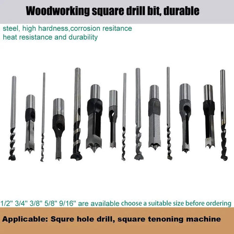 Top Shelf 3/8 Inch Square Hole Drill Bits And Mortising Chisel Set Crafted From Beefy Hardened Steel To Nail Clean Cuts On Any Mortising Attachment Or Workshop Machine Setup For Serious Woodworkers And Pro Carpenters Alike, displayed with various square drill bits.