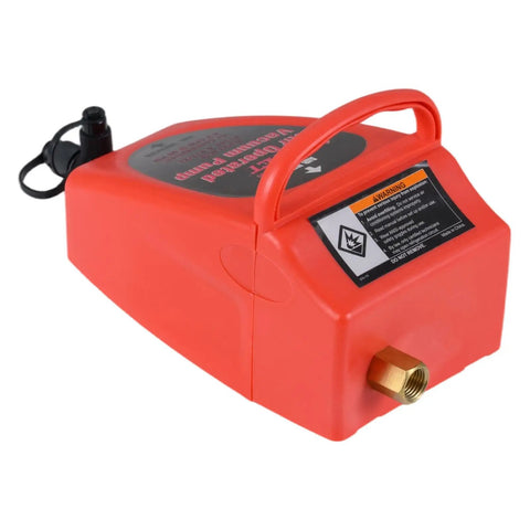 4.2 Cfm Pneumatic Vacuum Pump Air Operated Evacuation Tool For Automotive Air Conditioner Systems lightweight red, portable vacuum pump with warning label.