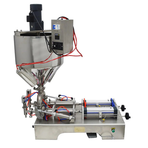 Heavy Duty Double Head Piston Liquid Filling Machine With Heating Stirrer And Mixer For Thick Pastes Cream Oil Chili Sauce Crushing 50 To 500 Ml Batches 110V Built Different Gear side view with stainless steel body and dual piston mechanism.
