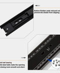 Close-up of Beefy 14 Inch Full Extension Drawer Slides, black finish, showing ball bearings, rubber pads, 100 lb capacity, 3 fold extension.