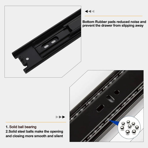 Close-up of Beefy 14 Inch Full Extension Drawer Slides, black finish, showing ball bearings, rubber pads, 100 lb capacity, 3 fold extension.