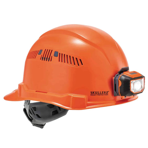 Vented Hard Hat With LED Light Cap Style Safety Helmet Ratchet Suspension Class C Construction Gear All Day Comfort With Sweatband Breathable Liner Orange