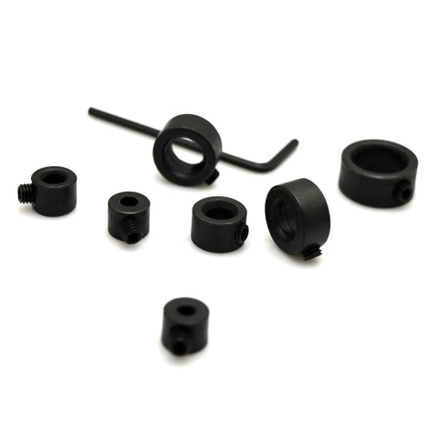 Drill Stop Bit Collar Set With Allen Wrench For Tight Precise Drilling Seven Piece Kit In Sizes From One Eighth To One Half Inch
