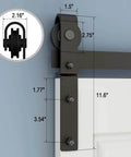 Close-up of heavy duty bi folding barn door hardware sliding track kit with measurements, installed on a door, frosted black finish.