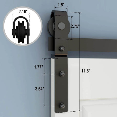 Close-up of heavy duty bi folding barn door hardware sliding track kit with measurements, installed on a door, frosted black finish.
