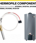 Front view: Thermopile component with white insulated lead beside a gray water heater tank; Rheem/Ruud/Richmond compatible
