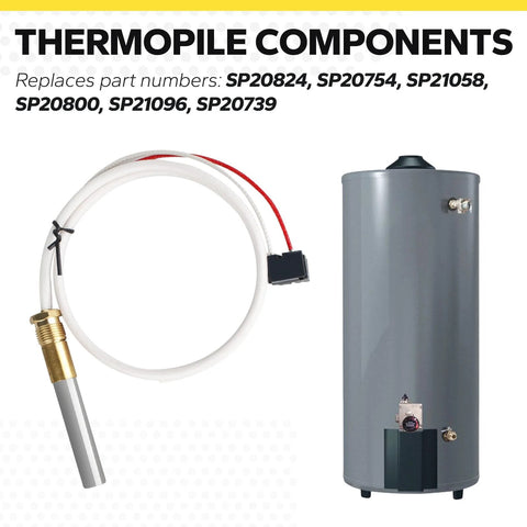 Front view: Thermopile component with white insulated lead beside a gray water heater tank; Rheem/Ruud/Richmond compatible