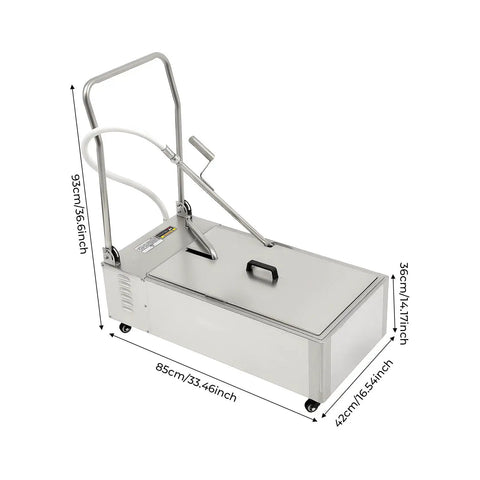 Hustle Ready Commercial Fryer Oil Filter Machine Holds Fifty Five Gallons, 55L stainless steel cart with swivel casters.