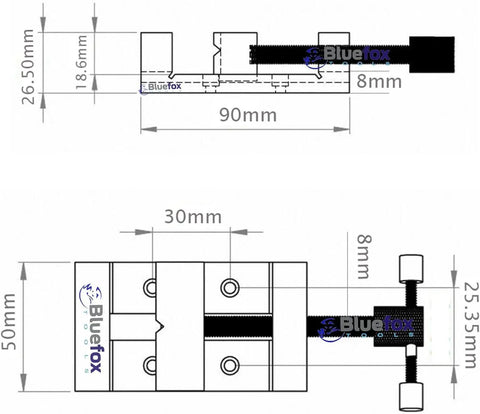Heavy Duty Steel Grinding Vice Featuring Smooth Gliding Jaws And Slick 2 Inch Jaw Spread For Mini Milling Machines dimensions showing 90mm and 50mm sizes.