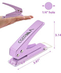 Heavy Duty Hole Puncher With One Quarter Inch Hole, Cuts The Grunt Work In Half, Purple, All Metal Design, size dimensions shown