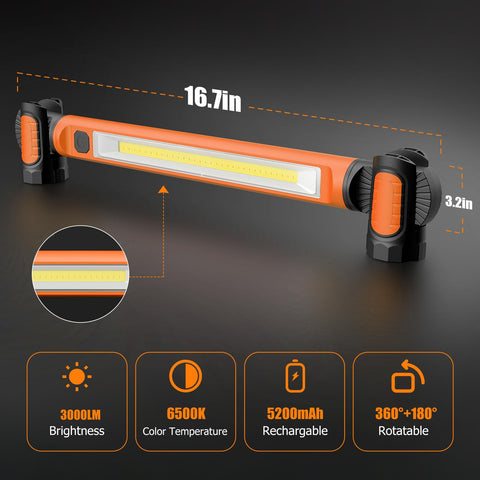 Rechargeable Magnetic LED Work Light 3000LM With 5200mAh Battery, Cordless Underhood Utility Lamp For Mechanics, Hooks And Magnetic Mount, Inspection Workshop Emergency Lighting For Cars And Home