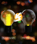 Close-up of 50Ft Outdoor RGBW Rope Fairy String Lights with Bluetooth App Control comparing bright and dim bulbs.