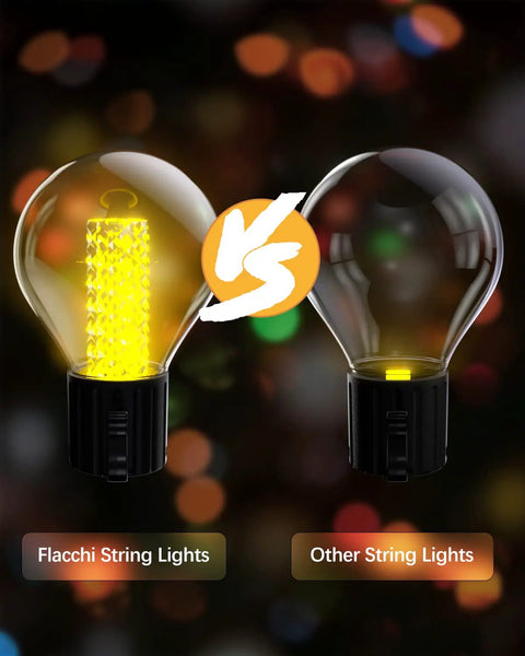 Close-up of 50Ft Outdoor RGBW Rope Fairy String Lights with Bluetooth App Control comparing bright and dim bulbs.