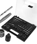Heavy Duty Twenty Eight Piece 3/8 Inch Socket Wrench Insert Set Forged From Tough As Nails Chromium Moly Steel Hardened To 52 Hrc showing socket pieces and drill bits in storage case.