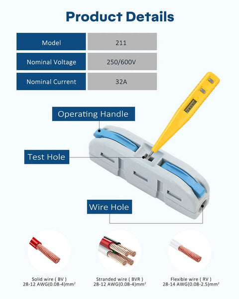 Front view of 20-pc Eugiichr lever wire connectors kit with a yellow tool and blue lever handles.