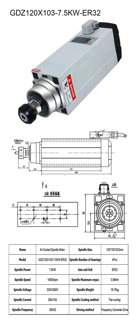 Heavy Duty CNC Air Cooled Spindle Motor 7.5Kw Featuring Direct Fan Cooling System With Er32 Collet Mount For 380V Routers detailed view with labels and dimensions.