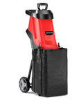Powerful 15 Amp Corded Wood Chipper Shredder With 15 To 1 Reduction, red and black with wheels and collection bag