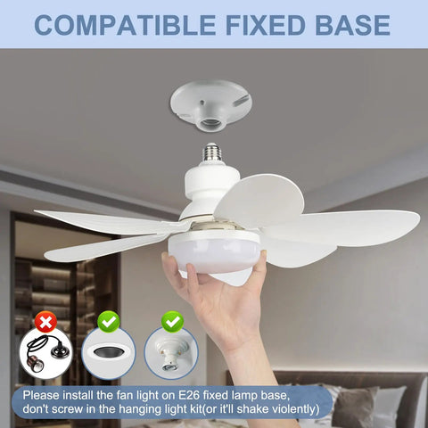 Person installing Remote Dimmable Socket Fan Light, 20.5 Inch Screw-In Ceiling Bulb Fan Combo With Socket Extender in living room.