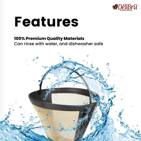 Gold Tone Cone Style Reusable Coffee Filter Size Two For DCC 450 Cuisinart Coffee Makers splashed with water