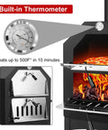 Wood Fired Outdoor Pizza Oven For Backyard Cooking With 12 Inch Pizza Stone Peel Grill Rack And Waterproof Cover shown with built-in thermometer and open door